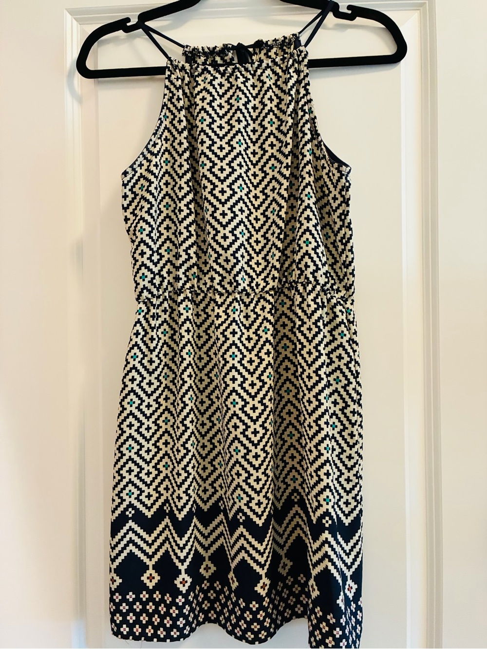 Women's Navy and Cream Patterned Halter Dress